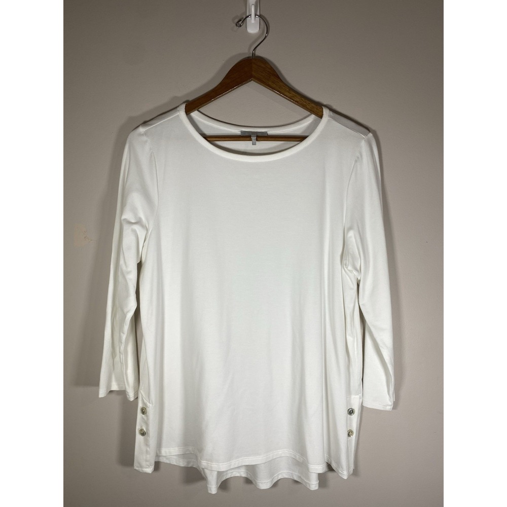 Hinsun Wu Top Womens Size 1 Bust 42" White 3/4 Sleeve Stretch Knit Button Sides